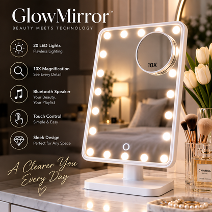GlowMirror™ – LED Vanity Mirror with 10X Magnification & Bluetooth