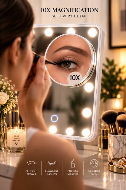GlowMirror™ – LED Vanity Mirror with 10X Magnification & Bluetooth